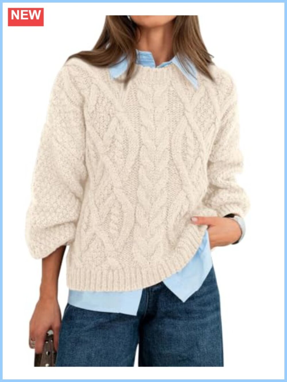 Womens Cable Knit Oversized Sweater Pullover Crew Neck Cropped